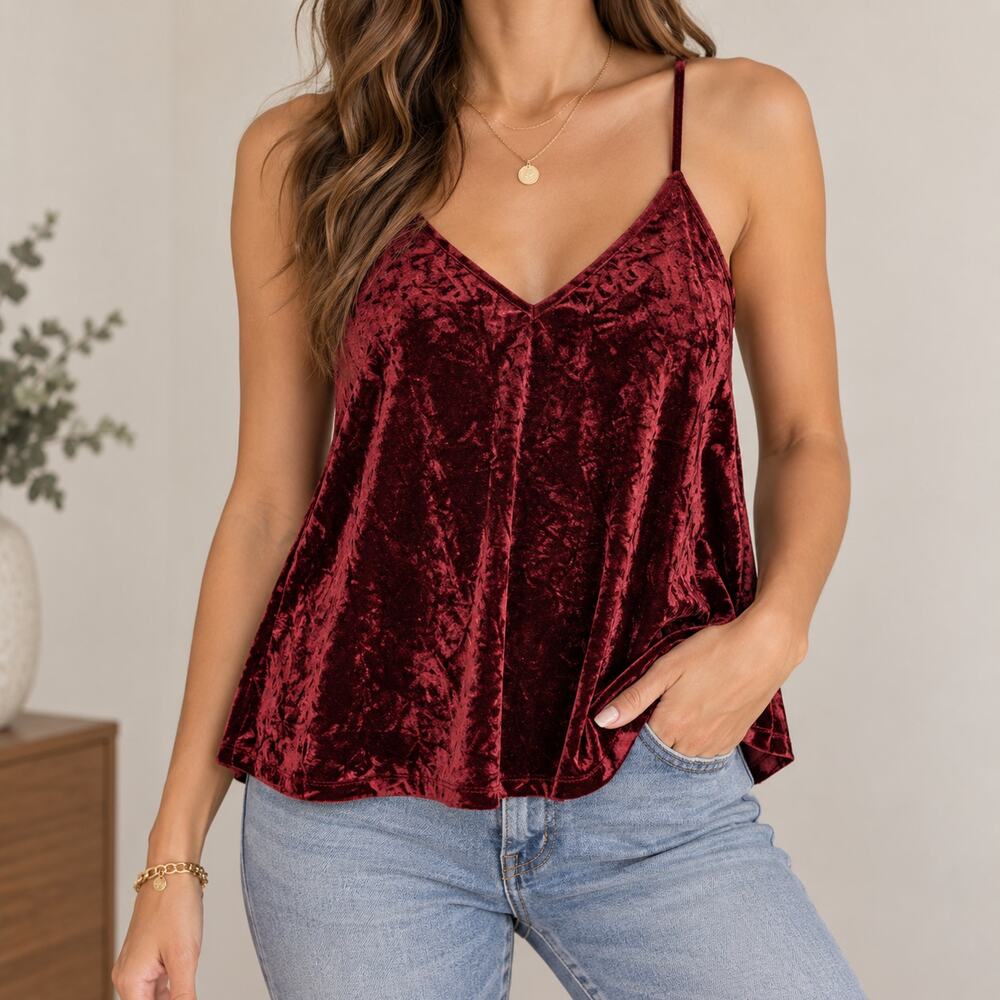Mossimo Womens Sleeveless Crushed Velvet Top Size M Red Flowy V-neck Goth Gypsy